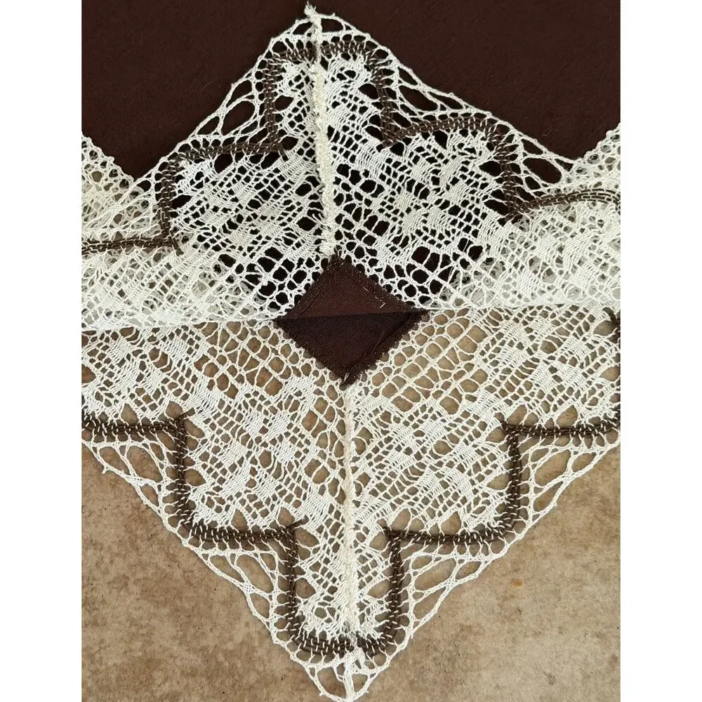 Vintage Brown Linen Centerpiece Handmade Lace Border Cottage Farmhouse Table Top